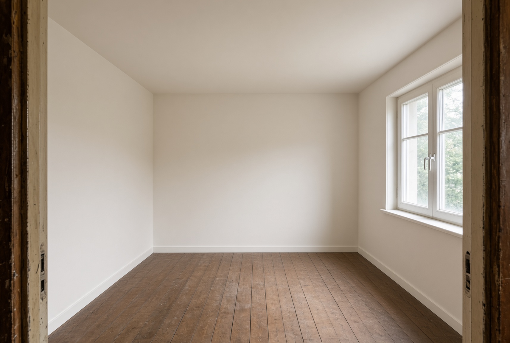 Dasselbe Zimmer nach Entfernung von Paneelen und Tapete