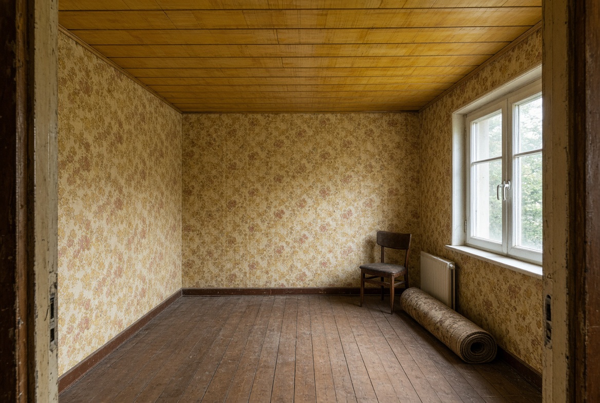 Zimmer mit Deckenpaneelen und alter Tapete vor der Entfernung