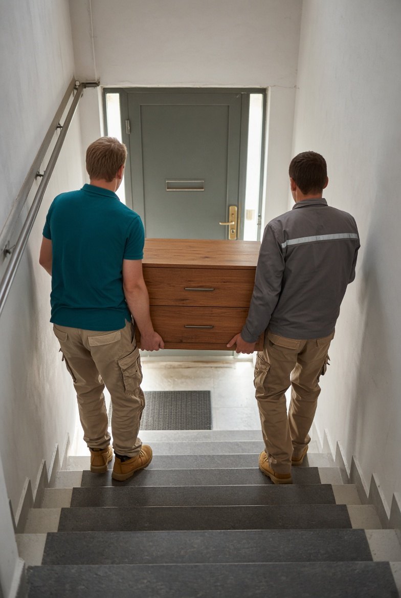 Zwei Helfer tragen eine Kommode die Treppe hinunter